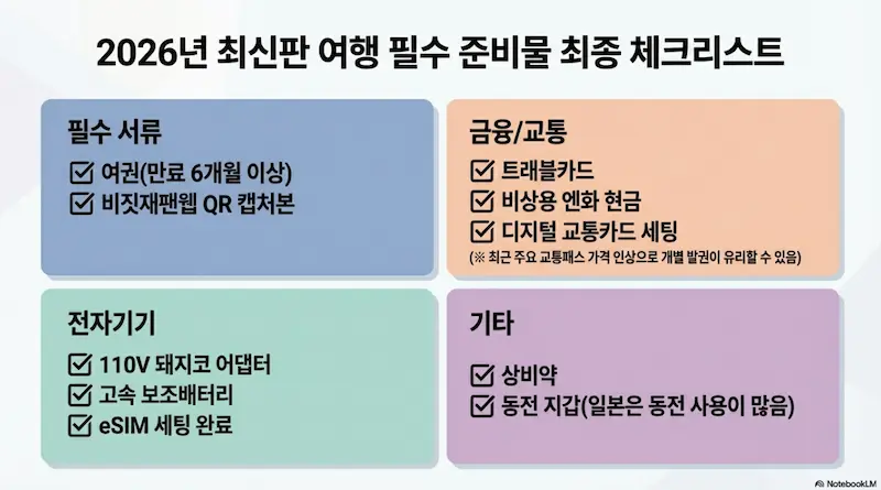 2026년 일본 여행 필수 준비물 체크리스트: 여권, 비짓재팬웹, 트래블카드, 돼지코 어댑터 등